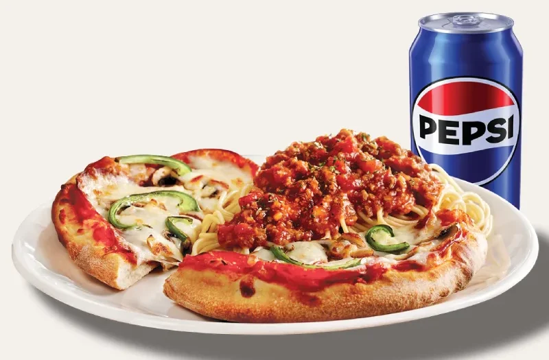 Solo value combo - Pizza Duetto, This Solo value combo includes a small 6’’ All-Dressed Pizza, a moderate portion of Spaghetti Bolognese, and a