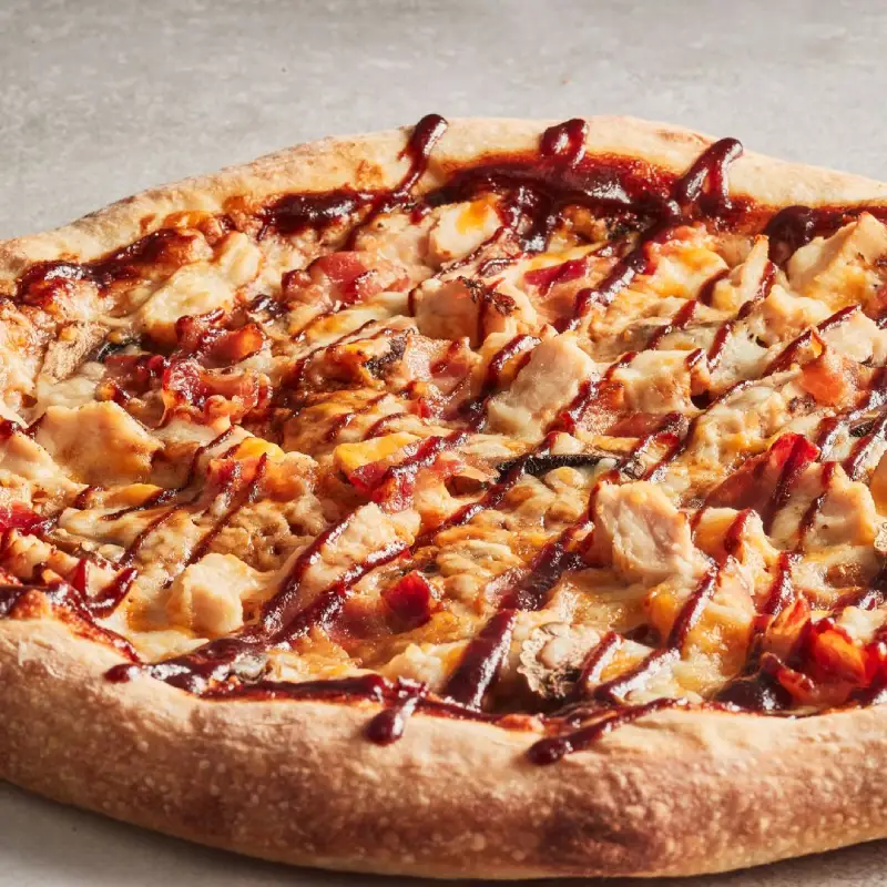 Chicken bacon bbq with bBQ sauce, chicken breast strips, bacon, mushrooms, and three-cheese blend