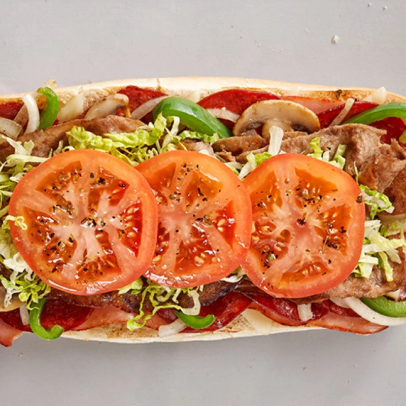 Superstar®, Philly steak, pepperoni, capicollo, mushrooms, mozzarella, green peppers, onions, tomatoes and lettuce