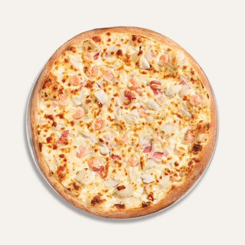 Seafood pizza with alfredo sauce, seafood mix, garlic, and mozzarella pizza cheese