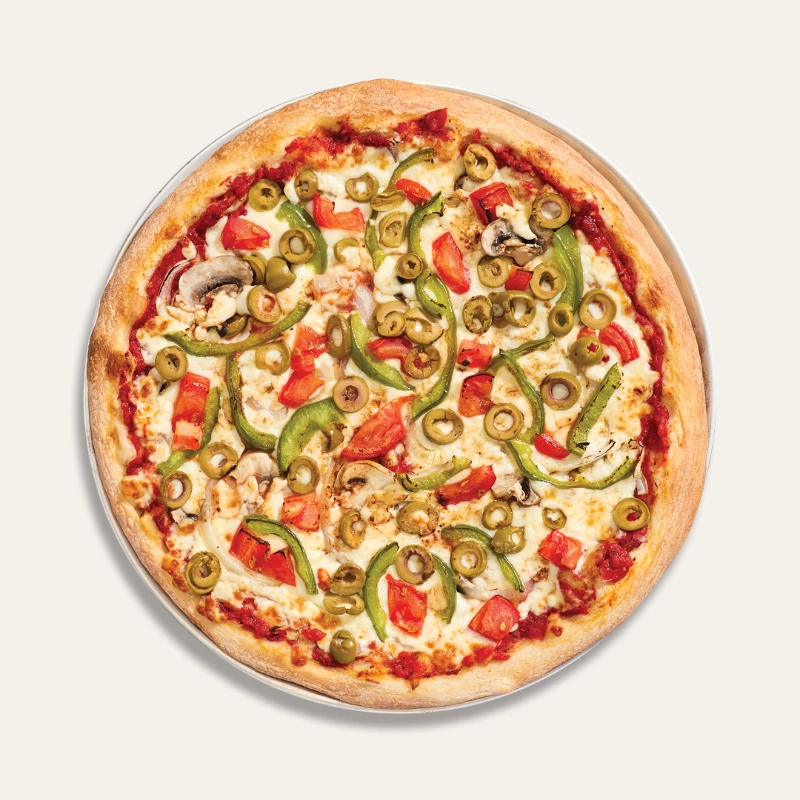 Vegetarian pizza with signature pizza sauce, tomatoes, mushrooms, green olives, green bell peppers, onions, and mozzarella pizza cheese